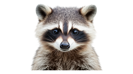 A playful raccoon showing its curious expression against a transparent background, emphasizing its distinct facial markings and features.