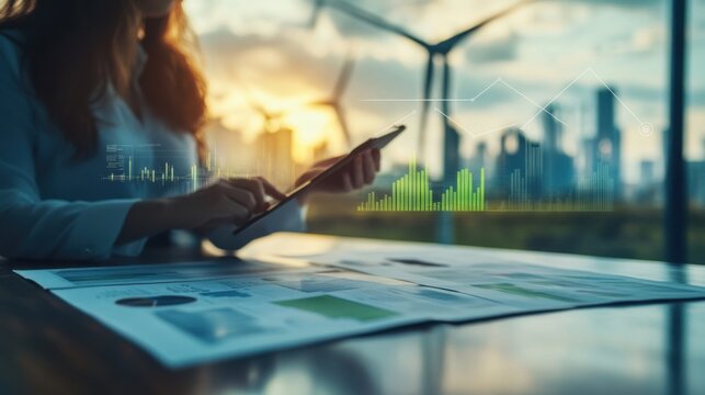 Carbon tax strategy scene with a business person reviewing charts related to carbon taxes, highlighting financial planning for sustainability, ideal for a business stock photo