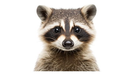 A close-up view of a raccoon with distinct facial markings on a transparent background showcasing its curious expression.