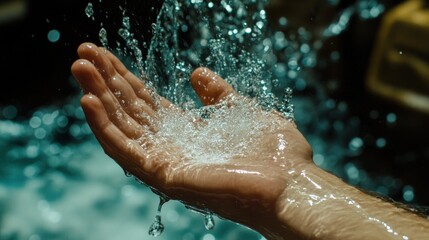 Fototapeta premium A hand catches water droplets splashing from a fountain.