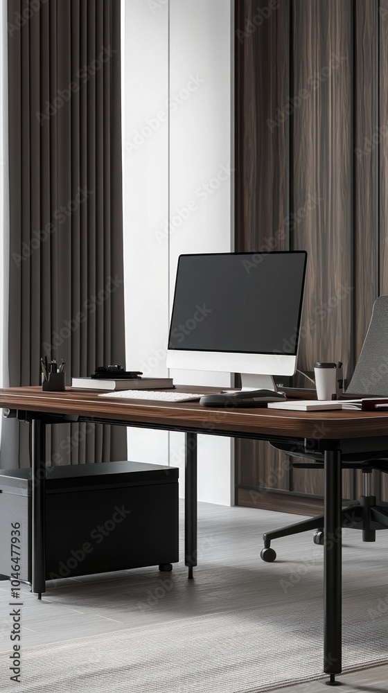 Poster a desk with a computer monitor and keyboard on it