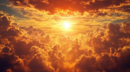 Fototapeta premium Cinematic sky with dramatic lighting, sun setting low with heavy clouds, intense and vivid colors, perfect for movie-like stock backgrounds,