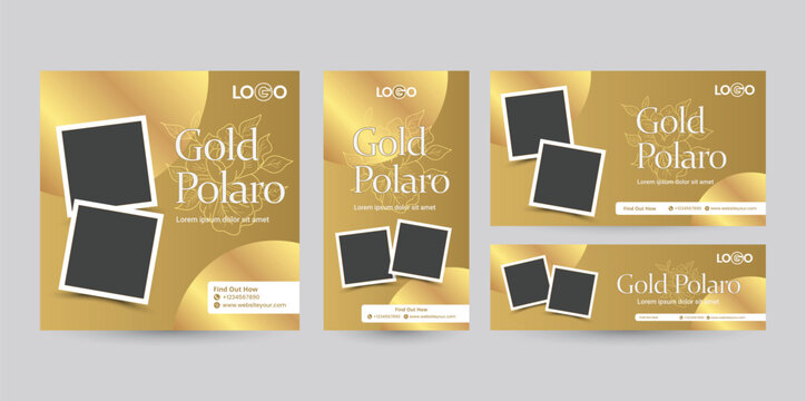 Set of social media template designs with various ratio orientations from portrait to landscape package. Gold banner design with photo placement tempate for business promotion