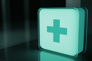 Obraz premium A glowing teal square first aid icon with a cross symbol, standing on a dark, reflective surface