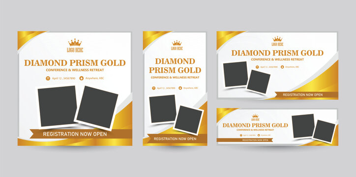 Set of social media template designs with various ratio orientations from portrait to landscape package. Gold banner design with a photo placement template for business