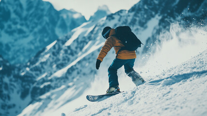 Snowboarder carving through fresh powder in the mountains on a bright winter day