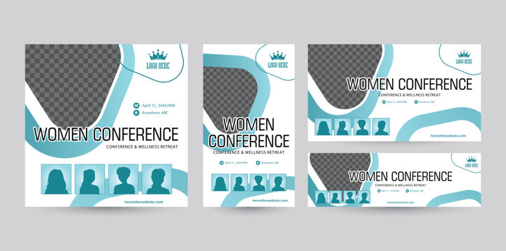 Set of social media template designs with various ratio orientations from portrait to landscape package. Blue tosca banner design with a silhouette of a woman and triangle shape for business
