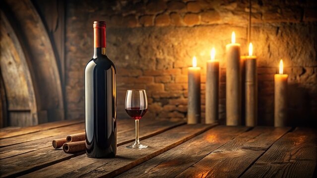 A bottle of red Bordeaux wine on a wooden table in a rustic cellar lit by soft candlelight, candlelight, wineglass, cellar