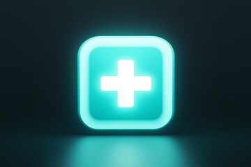 Obraz premium A neon teal glowing first-aid icon with a cross symbol, illuminated against a dark background