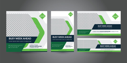 Set of social media template designs with various ratio orientations from portrait to landscape package. Green banner design with a hexagon shape for business promotion.