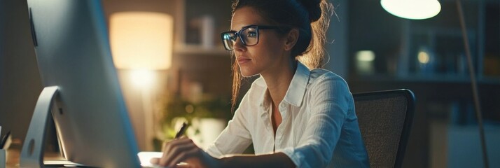 Data-driven approach for financial success, female executive using a computer to review growth metrics, bright office, professional mood