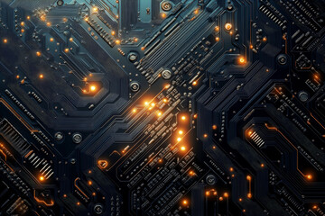 Obraz premium High-tech background with glowing pathways and components on circuit board. Concept of advanced technology and electronics