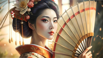 Geisha holding a traditional fan in soft sunlight