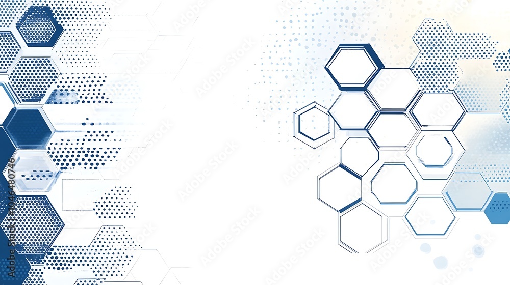 Poster abstract blue and white honeycomb pattern on a white background.