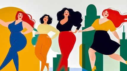 Four curvy women posing celebrating body positivity