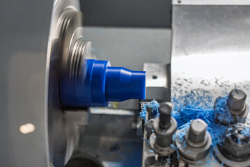 Inside view of a cnc machine. CNC lathe interior.Cnc machine. The CNC lathe machine or Turning machine. Turning numerical control machine with tools and chuck.