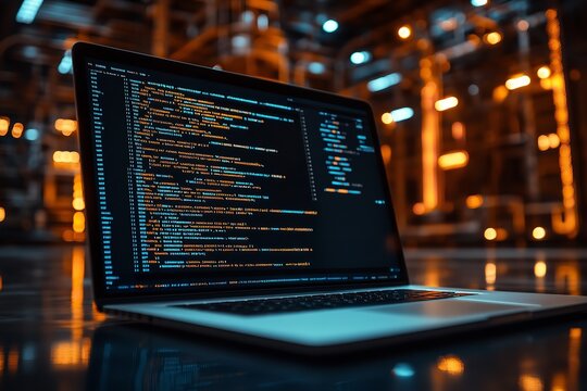 A close-up of a laptop screen showcasing code featuring cloud service APIs, set against a blurred backdrop of a modern data center. This dynamic and dramatic composition relates to DevOps and Cloud 