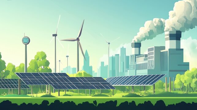 Emissions reduction scene with wind turbines and solar panels replacing fossil fuels, symbolizing efforts to lower CO2 emissions, perfect for a green economy stock image