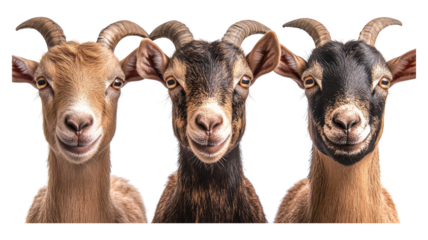 Three goats displaying unique facial features and expressions against a transparent background.