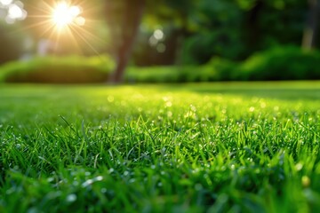 Naklejka premium Scenic morning light in park grass field