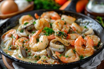 Shrimp and squid in white cream sauce cooked in a rustic frying pan