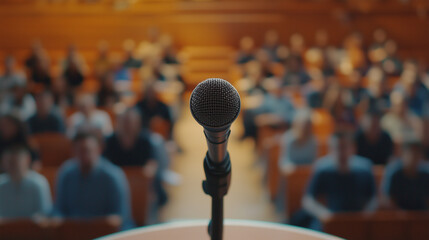Microphone on stage facing audience in auditorium