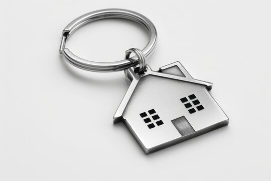 Silver house keychain isolated on white background Real estate and moving home concept
