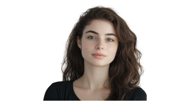 Young woman with wavy hair and a natural look poses for a portrait against a neutral background in bright lighting.