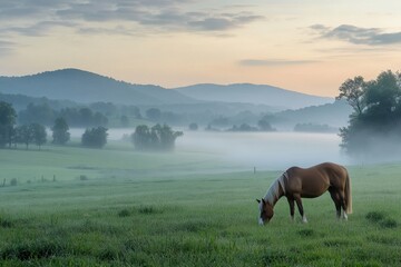 A horse peacefully grazing in a foggy morning pasture, with rolling hills in the background and the soft light of dawn casting a magical glow over the scene.