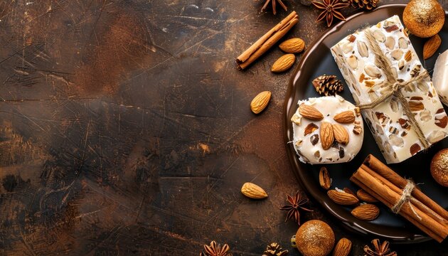 Soft Italian nougat with almonds a sweet treat popular during Christmas against a brown backdrop