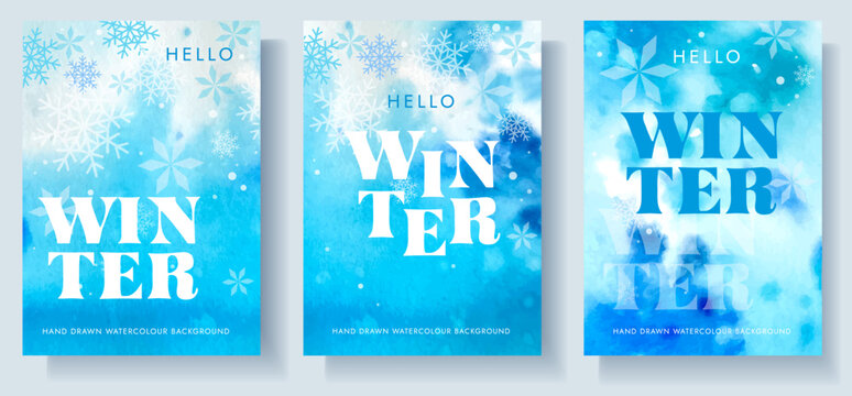 hello winter hand drawn painting watercolour posters set, can be used as banner, flyer, card, background, template, vector illustration