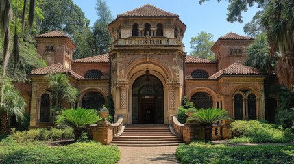 Fototapeta premium A grand historic mansion surrounded by lush greenery and palm trees.