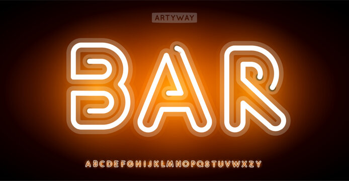 Bright neon alphabet, electric glowing letters, vibrant luminous font for nightclub branding, nightlife headline, shiny orange logo, electrifying party style. Vector typeset.