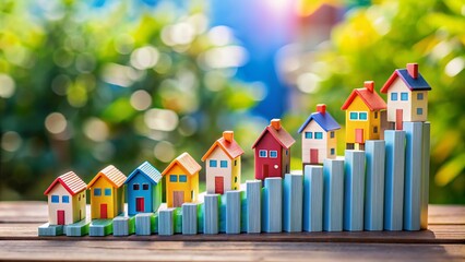 Miniature Colorful Houses with Rising Bar Graphs Illustrating Real Estate Trends, Market Growth, Investment, and Economic Development in Tilt-Shift Photography