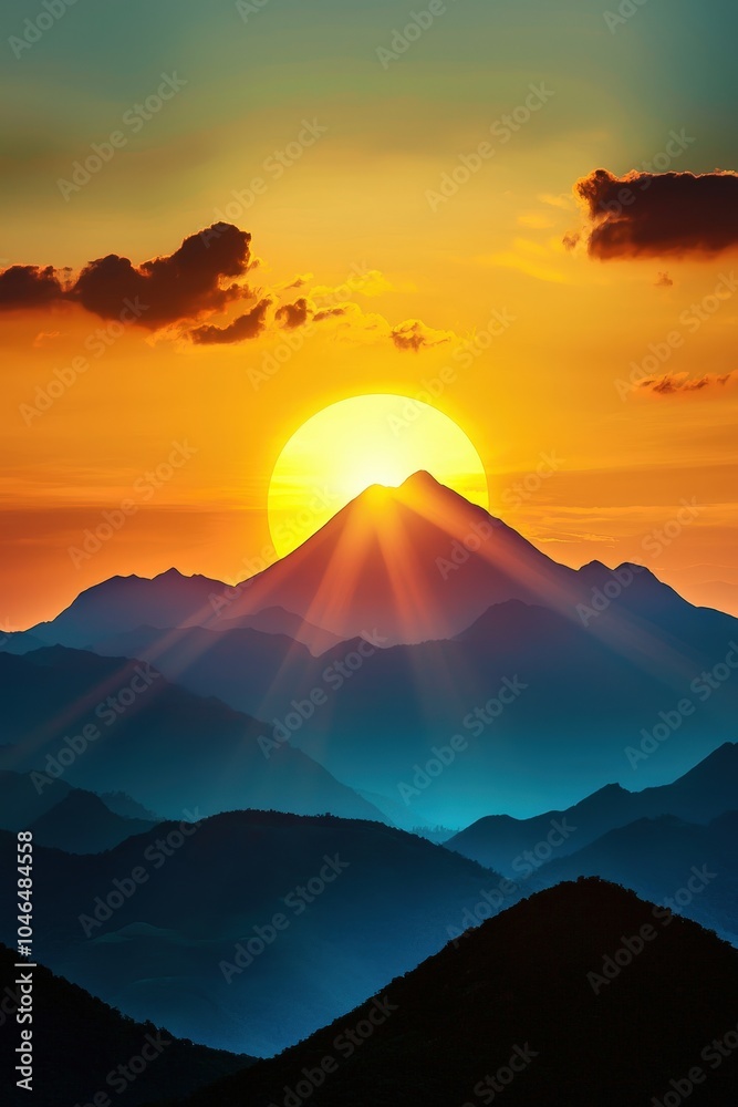 Wall mural A breathtaking view of a golden sunset illuminating majestic mountains. The warm colors and serene atmosphere create a peaceful, stunning landscape perfect for nature lovers.