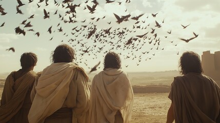 a man with clothes from ancient Israel watching thousands of quails fall from the sky, in the desert, realistic
