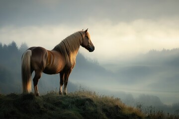Obraz premium A majestic horse with a flowing mane standing atop a hill, overlooking a sprawling valley at dawn, with early morning mist and soft light creating a serene and powerful scene.