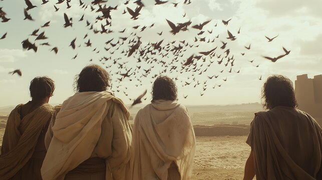 a man with clothes from ancient Israel watching thousands of quails fall from the sky, in the desert, realistic
