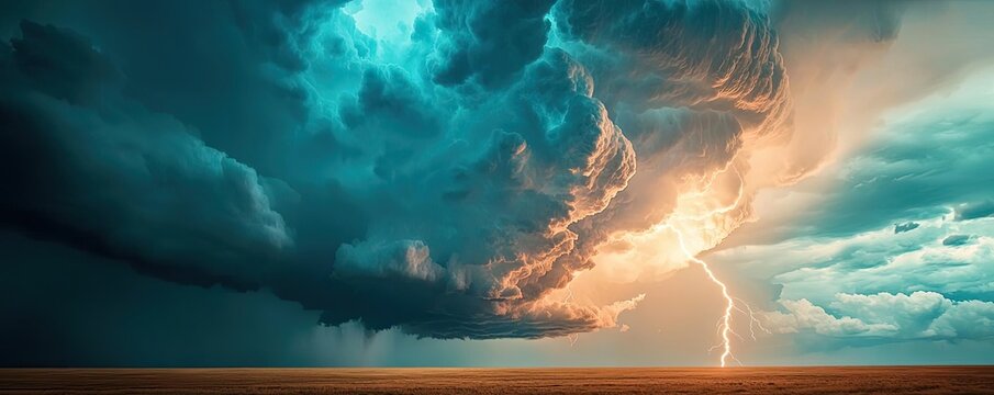 Dramatic storm clouds with lightning illuminating the sky at sunset.