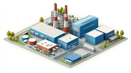 Fototapeta premium Isometric illustration of an industrial plant with chimneys, buildings, tanks, and trucks.