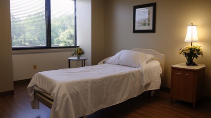 Inpatient room featuring a patient bed, clean white sheets, and a side table, with soft lighting, suitable for a recovery-focused stock image