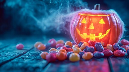 A glowing jack-o-lantern sits on a wooden table with colorful candy scattered around it.  The lantern is emitting smoke, adding to the spooky atmosphere.
