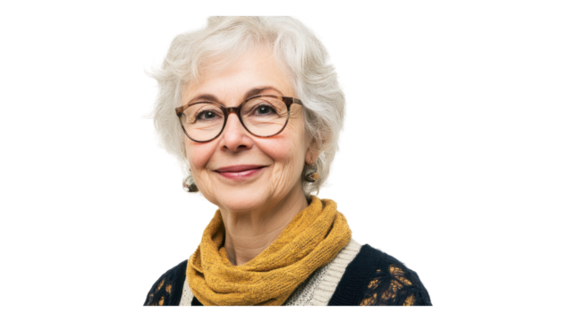 Elderly woman with short white hair and glasses displays a warm smile while wearing a yellow scarf against a transparent backdrop.