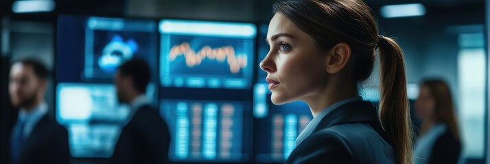 Investment planning strategies, businesswoman reviewing charts on a large screen, colleagues in the background, formal office setting