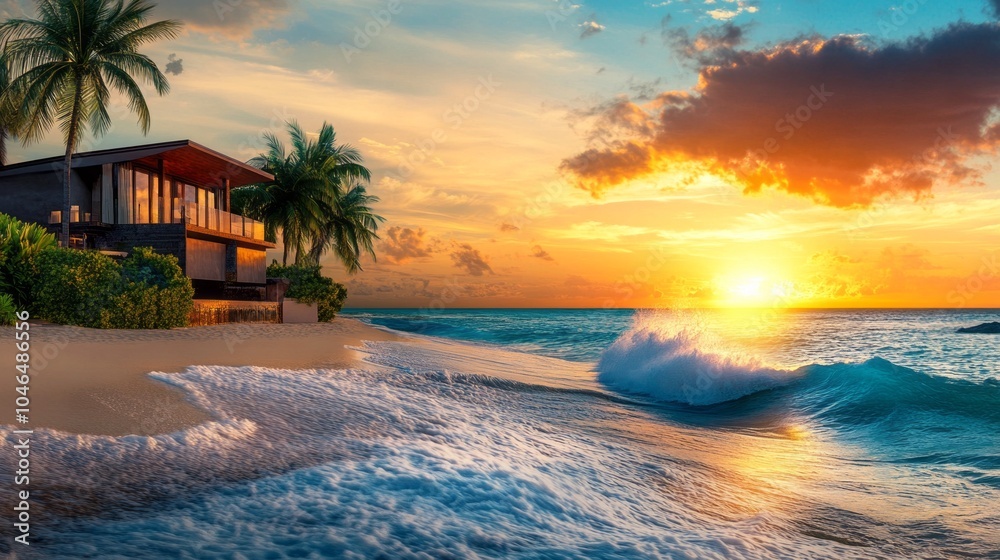 Poster a beautiful beach with a house and palm trees in the background