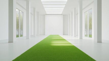 A modern indoor space featuring a vibrant green grass pathway and ample natural light in a minimalistic design.