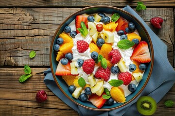 Top view of fruit salad and yogurt on wood table