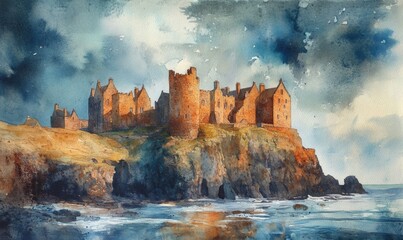 Fototapeta premium Watercolor Dunnottar Castle is a ruined medieval fortress located upon a rocky headland on the north-eastern. The Castle is open to the public all year