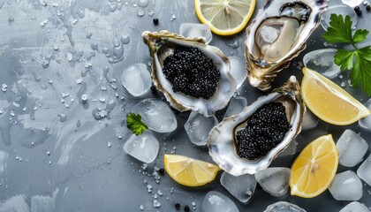 Top view of opened oysters with black sturgeon caviar lemon on ice grey concrete background