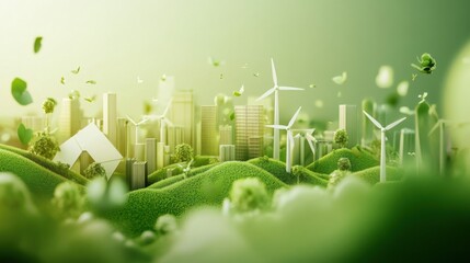 Low carbon economy visualization with renewable energy icons and a cityscape transitioning to green energy, representing sustainable growth, suitable for a business-themed stock image